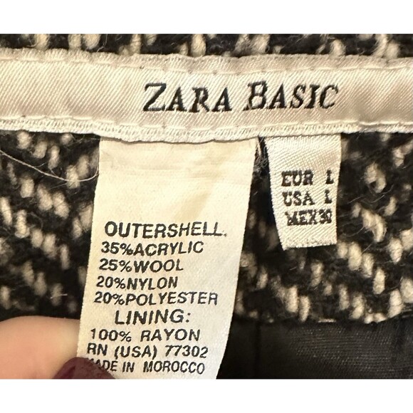 ZARA Wool Blend Belted Bouclé Coat Large* Herringbone Black White Shawl Collar - Picture 7 of 7